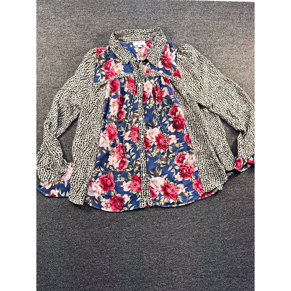 Umgee Women's L Floral Collared Button-Front Blouse Long Sleeve Blue Beige